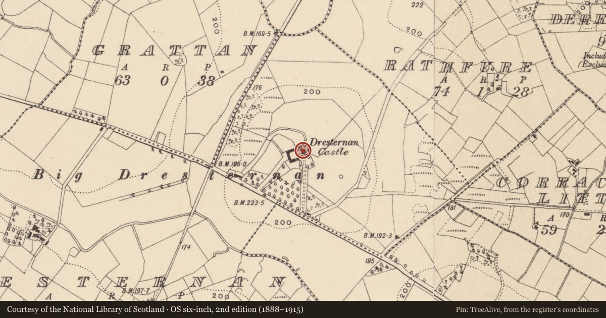 Ordnance Survey six-inch map, 2nd edition (1888–1915) covering the location of Dresternan Castle, Fermanagh and Omagh, with a pin at the register's coordinates