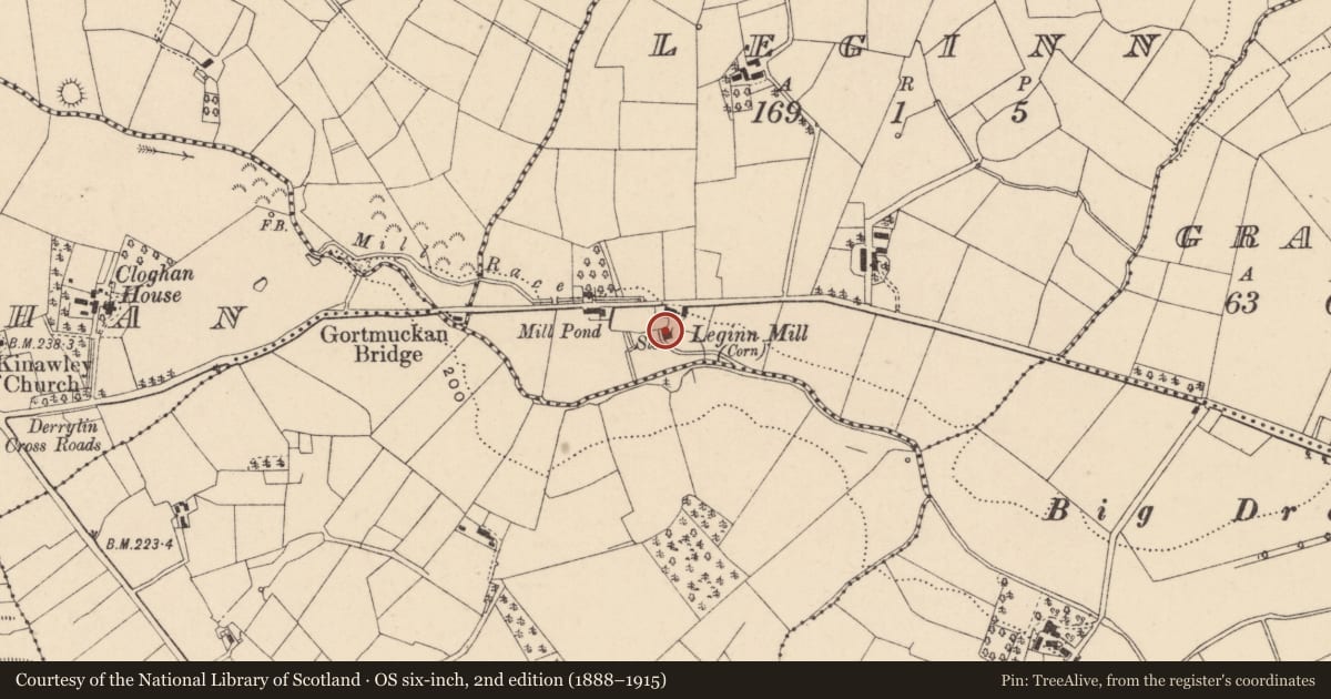 Ordnance Survey six-inch map, 2nd edition (1888–1915) covering the location of Corn Mill, Fermanagh and Omagh, with a pin at the register's coordinates