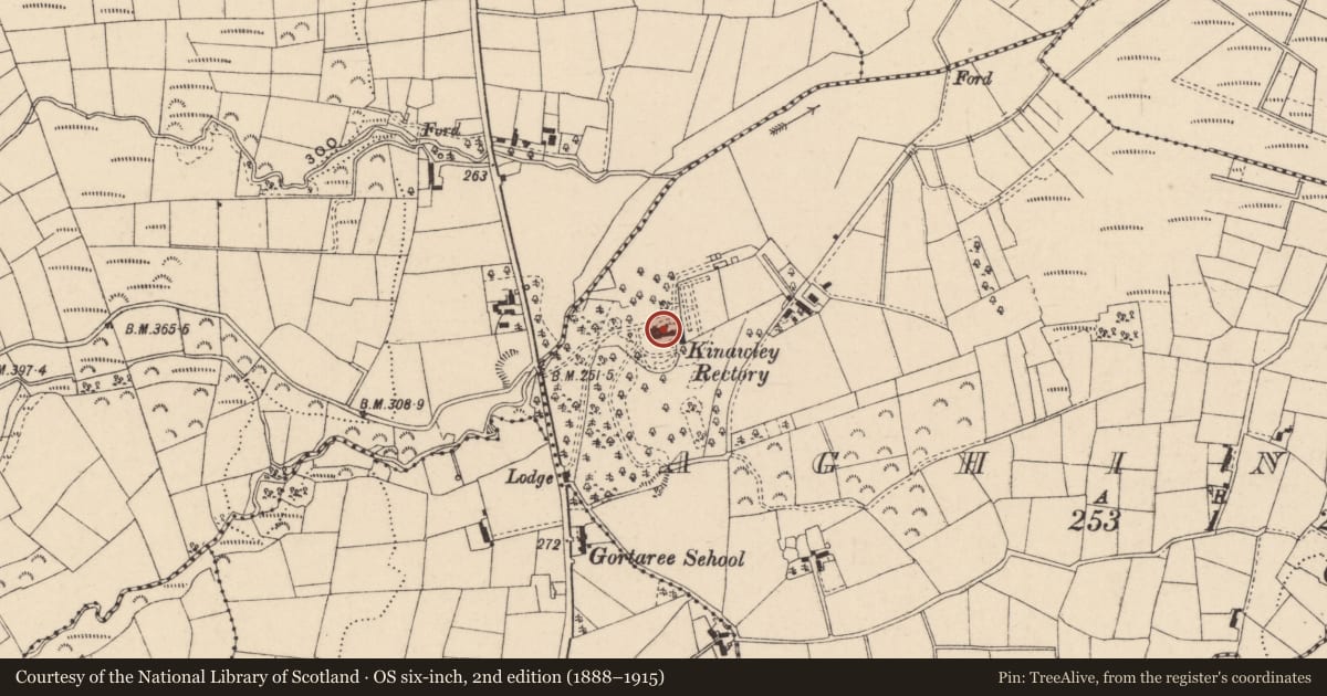 Ordnance Survey six-inch map, 2nd edition (1888–1915) covering the location of Kinawley Rectory, Fermanagh and Omagh, with a pin at the register's coordinates