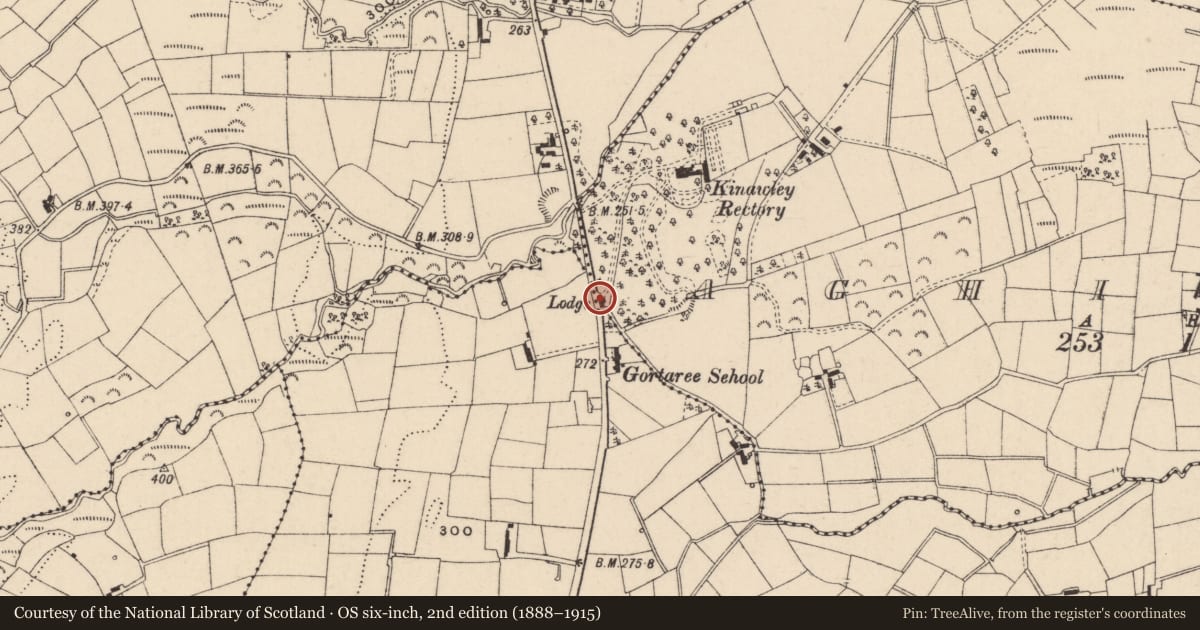 Ordnance Survey six-inch map, 2nd edition (1888–1915) covering the location of Gate Lodge To Kinawley Rectory, Fermanagh and Omagh, with a pin at the register's coordinates