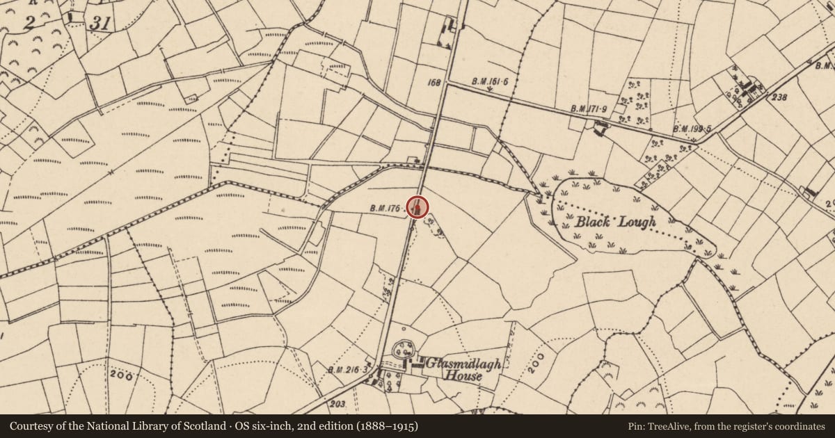 Ordnance Survey six-inch map, 2nd edition (1888–1915) covering the location of Thatched House, Glasmullagh, Fermanagh and Omagh, with a pin at the register's coordinates