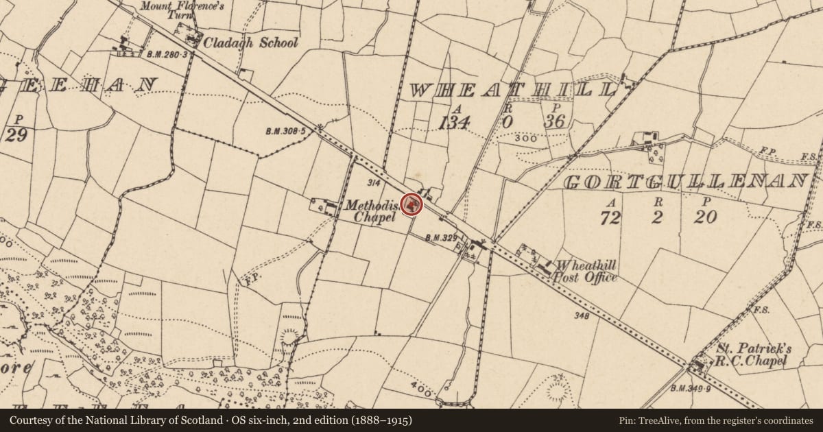 Ordnance Survey six-inch map, 2nd edition (1888–1915) covering the location of Wheathill Old Methodist Church, Fermanagh and Omagh, with a pin at the register's coordinates