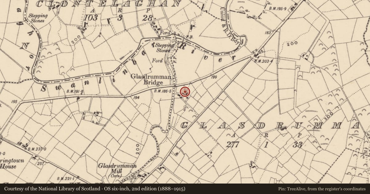Ordnance Survey six-inch map, 2nd edition (1888–1915) covering the location of 8 Gortoral Road, Glasdrumman, Fermanagh and Omagh, with a pin at the register's coordinates