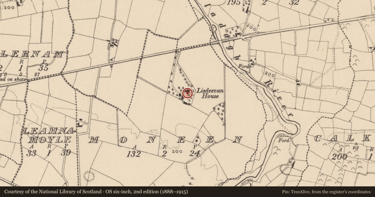 Ordnance Survey six-inch map, 2nd edition (1888–1915) covering the location of Lisdeevan House, Fermanagh and Omagh, with a pin at the register's coordinates