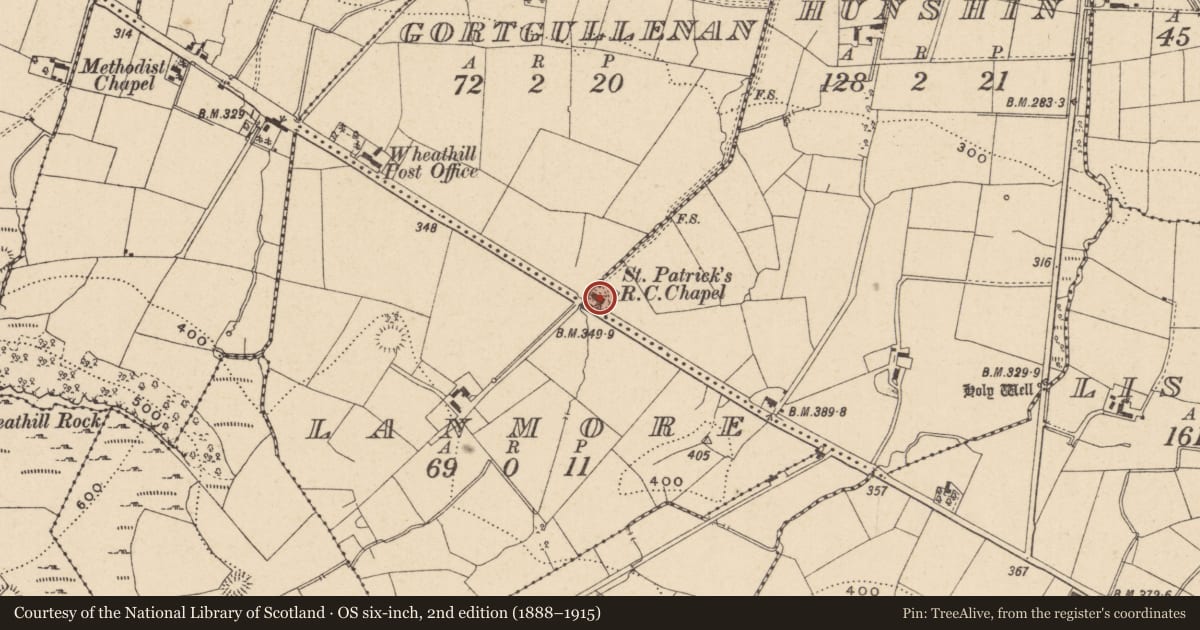 Ordnance Survey six-inch map, 2nd edition (1888–1915) covering the location of St Lasir's Church, Mullynahunshin, Fermanagh and Omagh, with a pin at the register's coordinates