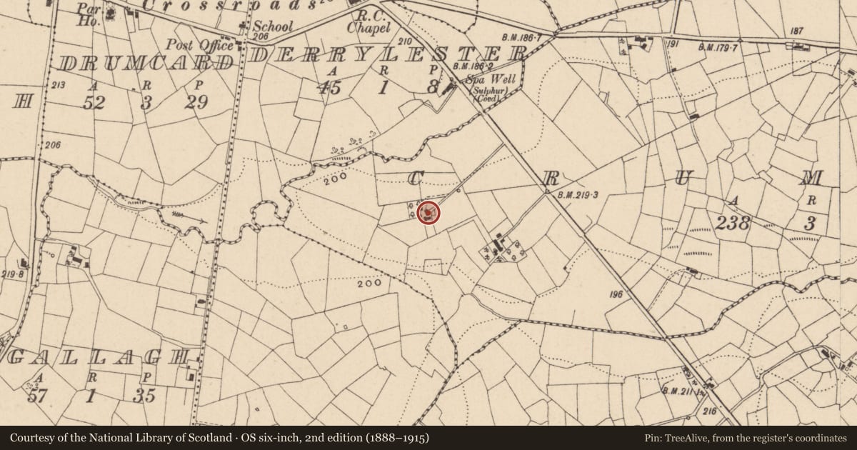 Ordnance Survey six-inch map, 2nd edition (1888–1915) covering the location of FARMHOUSE, Fermanagh and Omagh, with a pin at the register's coordinates