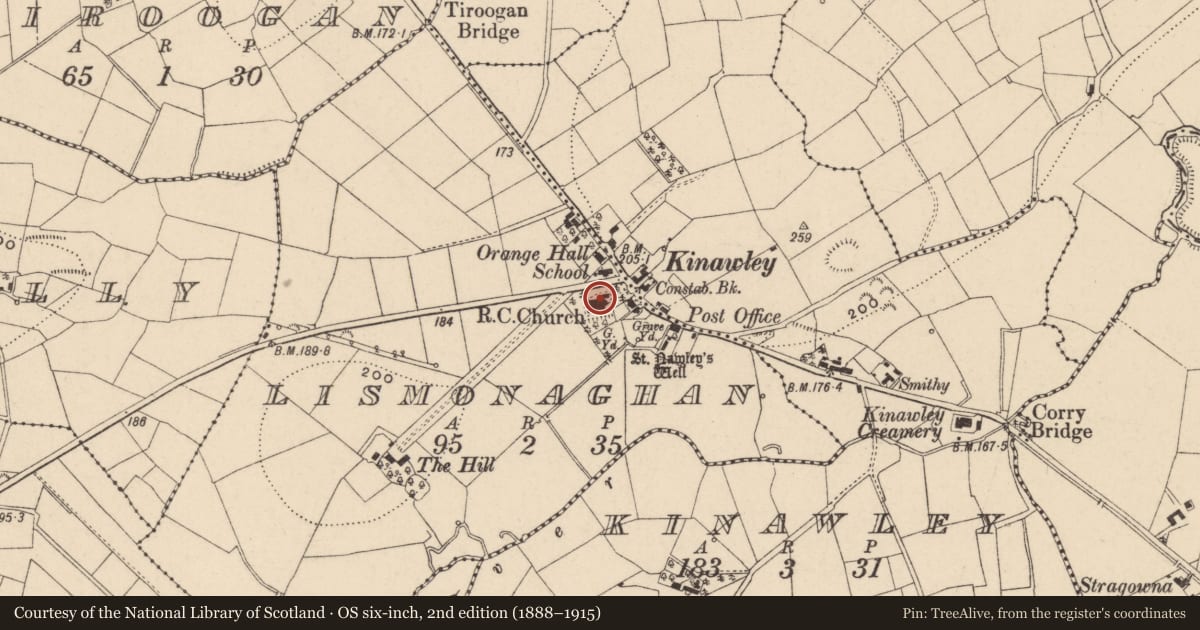 Ordnance Survey six-inch map, 2nd edition (1888–1915) covering the location of St. Naile'S (Aka Kinawley R C Parish Church), Fermanagh and Omagh, with a pin at the register's coordinates