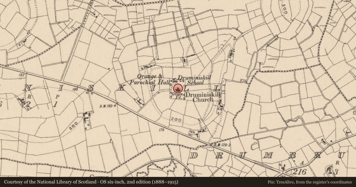 Ordnance Survey six-inch map, 2nd edition (1888–1915) covering the location of Druminiskill Church (C of I), Fermanagh and Omagh, with a pin at the register's coordinates