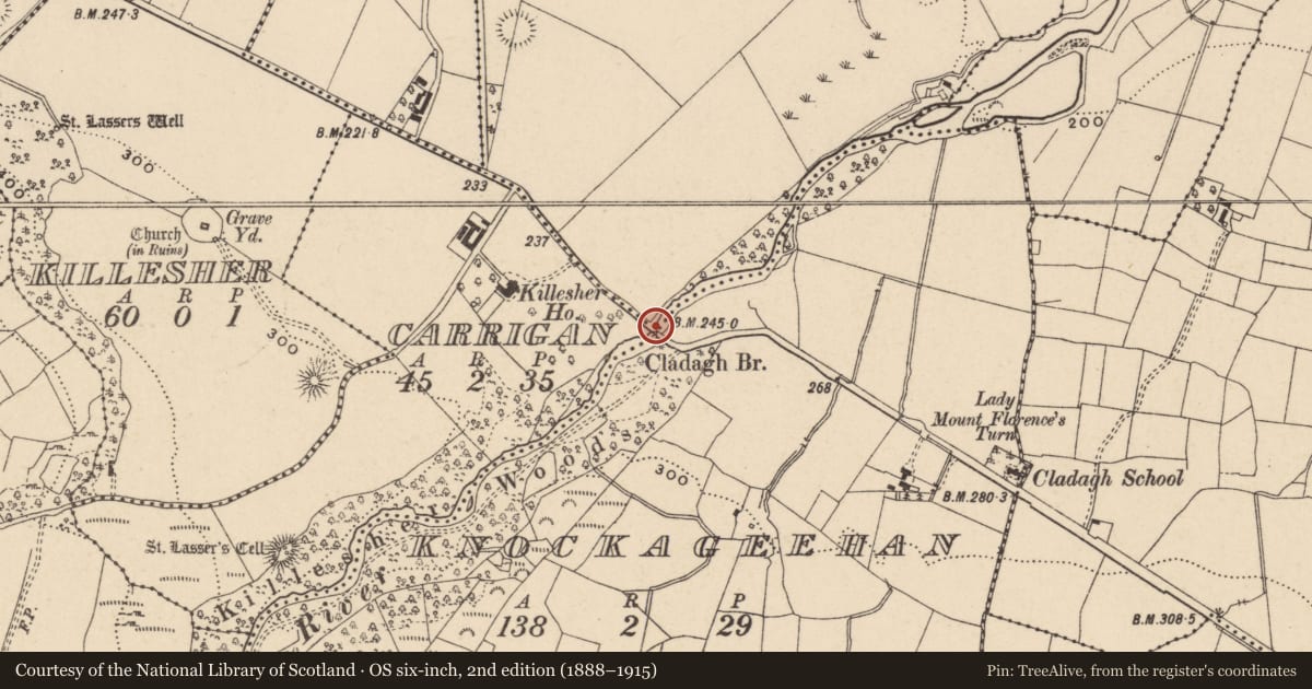 Ordnance Survey six-inch map, 2nd edition (1888–1915) covering the location of Cladagh Bridge, Fermanagh and Omagh, with a pin at the register's coordinates