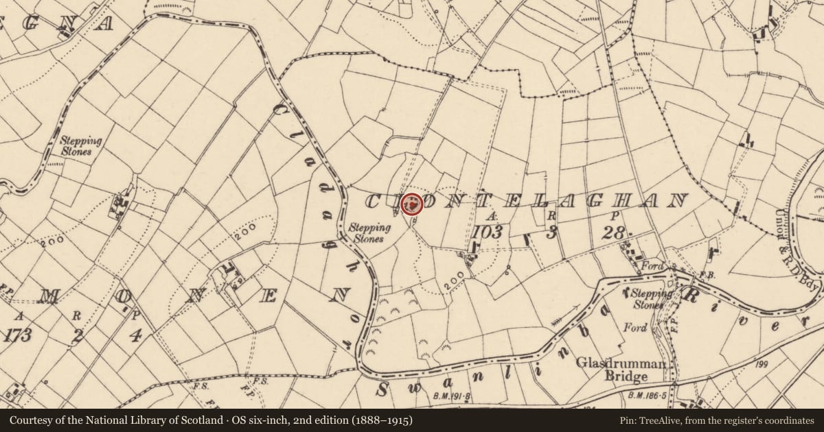 Ordnance Survey six-inch map, 2nd edition (1888–1915) covering the location of House, Clontelaghan, Fermanagh and Omagh, with a pin at the register's coordinates