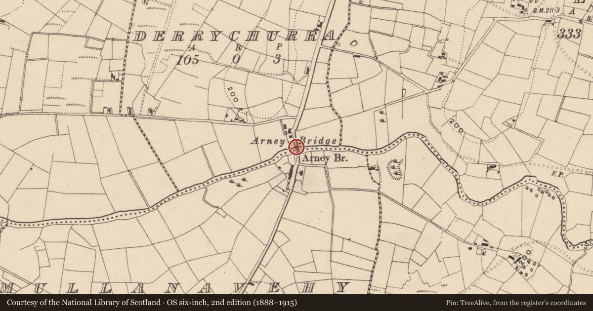 Ordnance Survey six-inch map, 2nd edition (1888–1915) covering the location of Arney Bridge, Derrychurra/Mullanavehy, Fermanagh and Omagh, with a pin at the register's coordinates