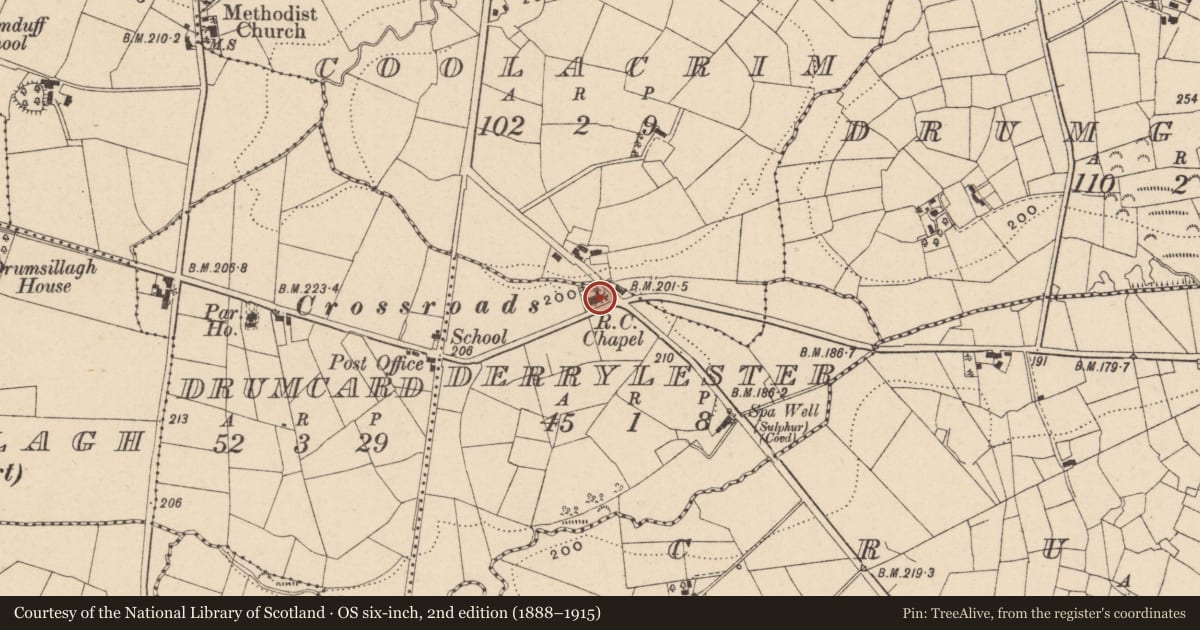 Ordnance Survey six-inch map, 2nd edition (1888–1915) covering the location of St Patricks Church, Derrylester, Fermanagh and Omagh, with a pin at the register's coordinates