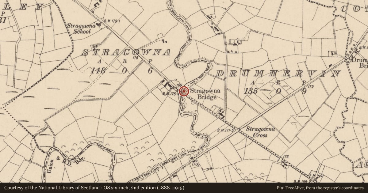 Ordnance Survey six-inch map, 2nd edition (1888–1915) covering the location of Stragawna Bridge, Drumhervin Stragown, Fermanagh and Omagh, with a pin at the register's coordinates