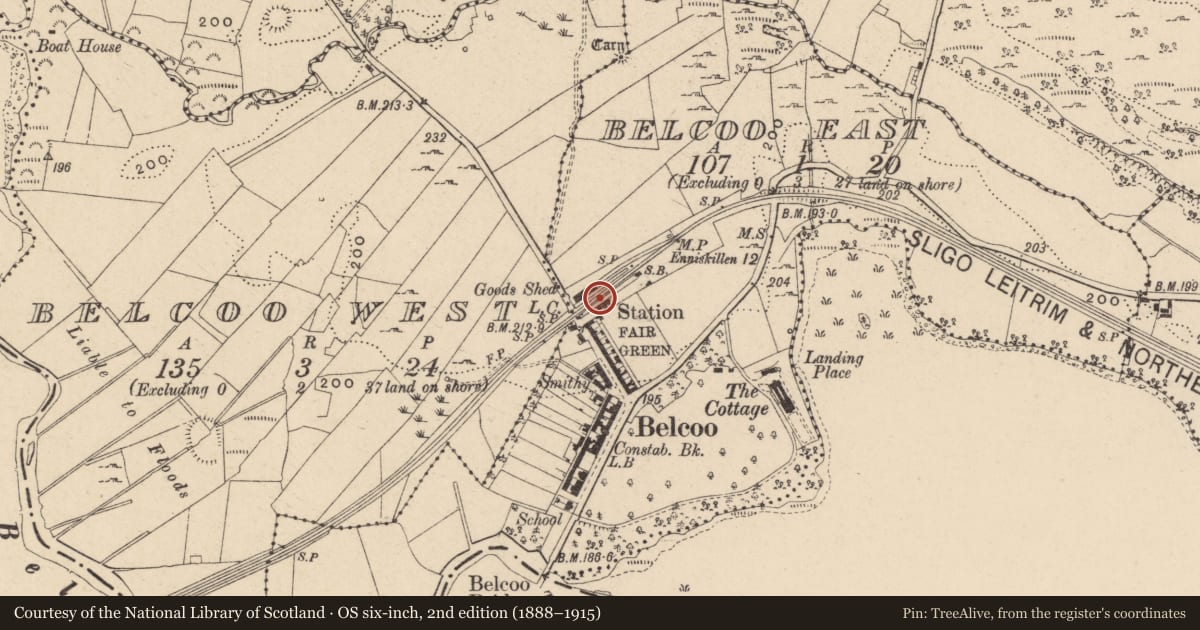 Ordnance Survey six-inch map, 2nd edition (1888–1915) covering the location of Former Railway Station, Fermanagh and Omagh, with a pin at the register's coordinates