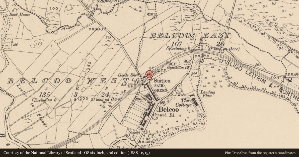 Ordnance Survey six-inch map, 2nd edition (1888–1915) covering the location of Pump House, Water Tower And Platform At Former Railway Station, Fermanagh and Omagh, with a pin at the register's coordinates