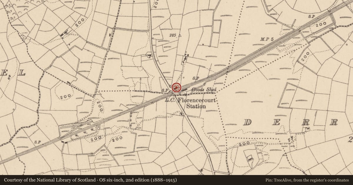 Ordnance Survey six-inch map, 2nd edition (1888–1915) covering the location of Florencecourt Station House, Fermanagh and Omagh, with a pin at the register's coordinates