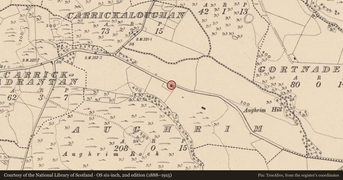 Ordnance Survey six-inch map, 2nd edition (1888–1915) covering the location of Farmhouse At Aughrim, Fermanagh and Omagh, with a pin at the register's coordinates