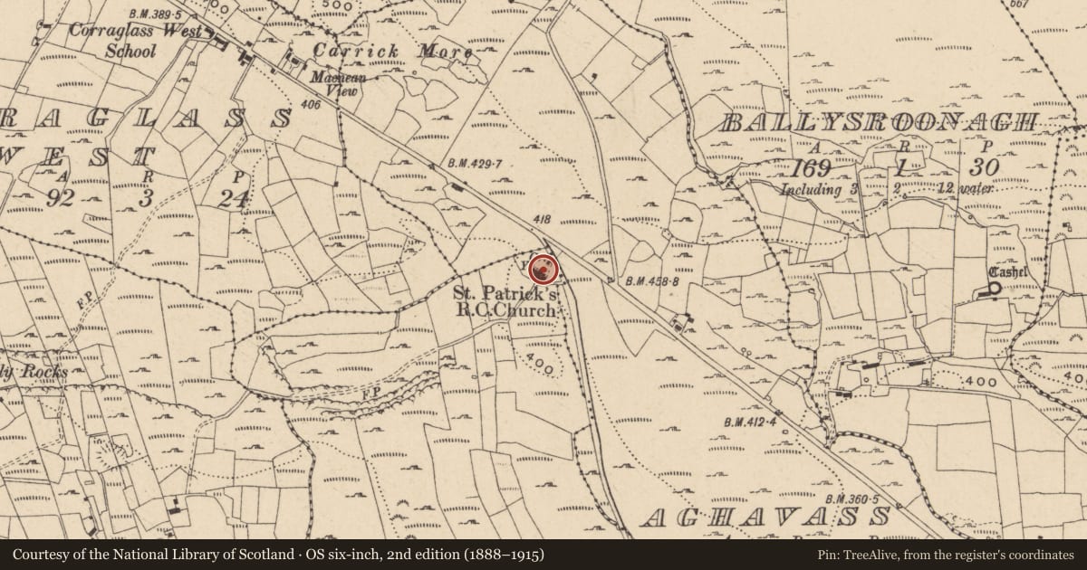 Ordnance Survey six-inch map, 2nd edition (1888–1915) covering the location of St. Patrick'S Rc Church, Fermanagh and Omagh, with a pin at the register's coordinates