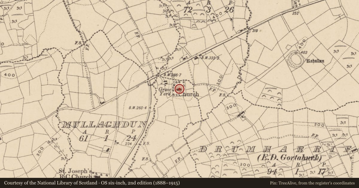 Ordnance Survey six-inch map, 2nd edition (1888–1915) covering the location of MULLAGHDUN C OF I Parish Church, Fermanagh and Omagh, with a pin at the register's coordinates