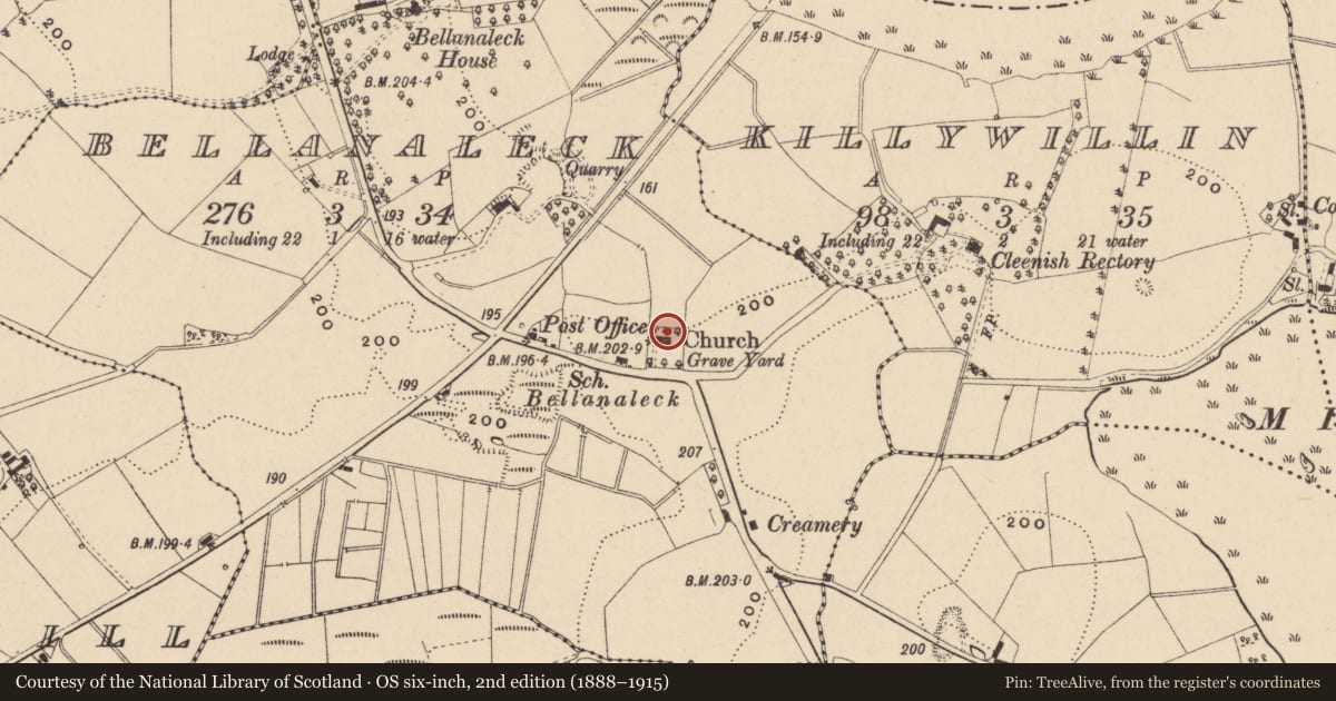 Ordnance Survey six-inch map, 2nd edition (1888–1915) covering the location of CLEENISH C OF I Parish Church Bellanaleck, Fermanagh and Omagh, with a pin at the register's coordinates