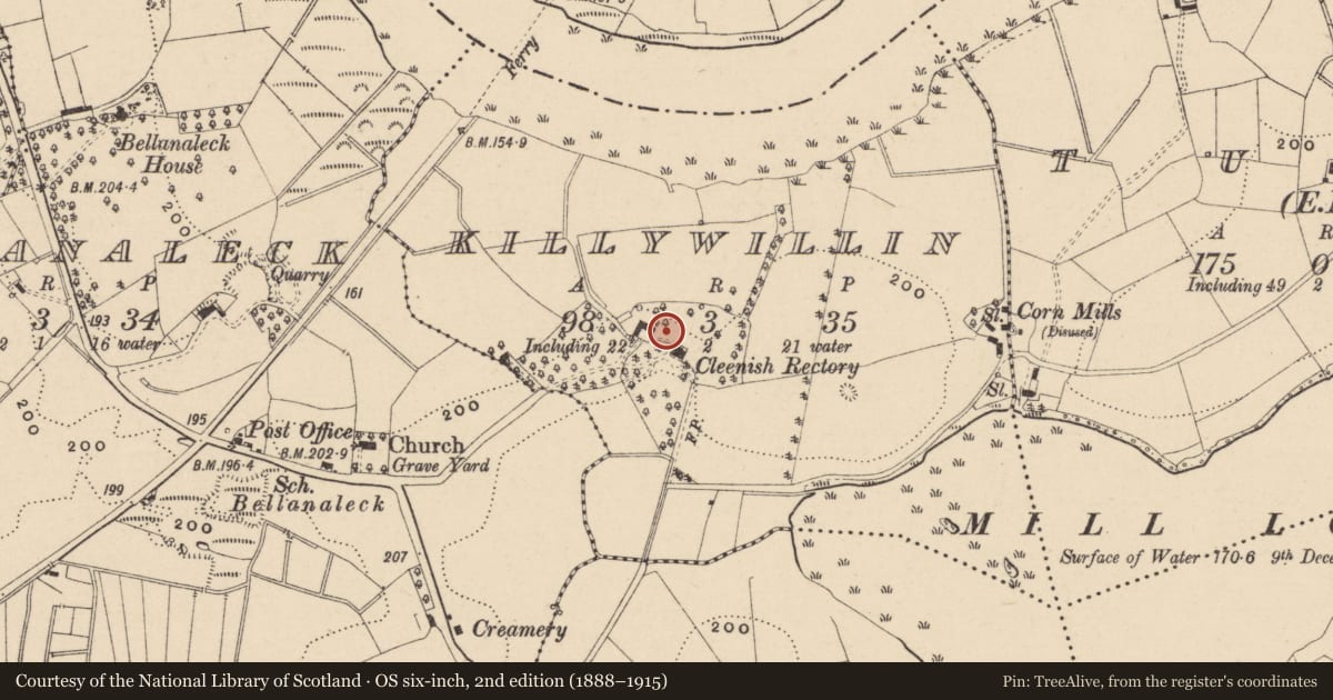 Ordnance Survey six-inch map, 2nd edition (1888–1915) covering the location of CLEENISH C OF I RECTORY, Fermanagh and Omagh, with a pin at the register's coordinates