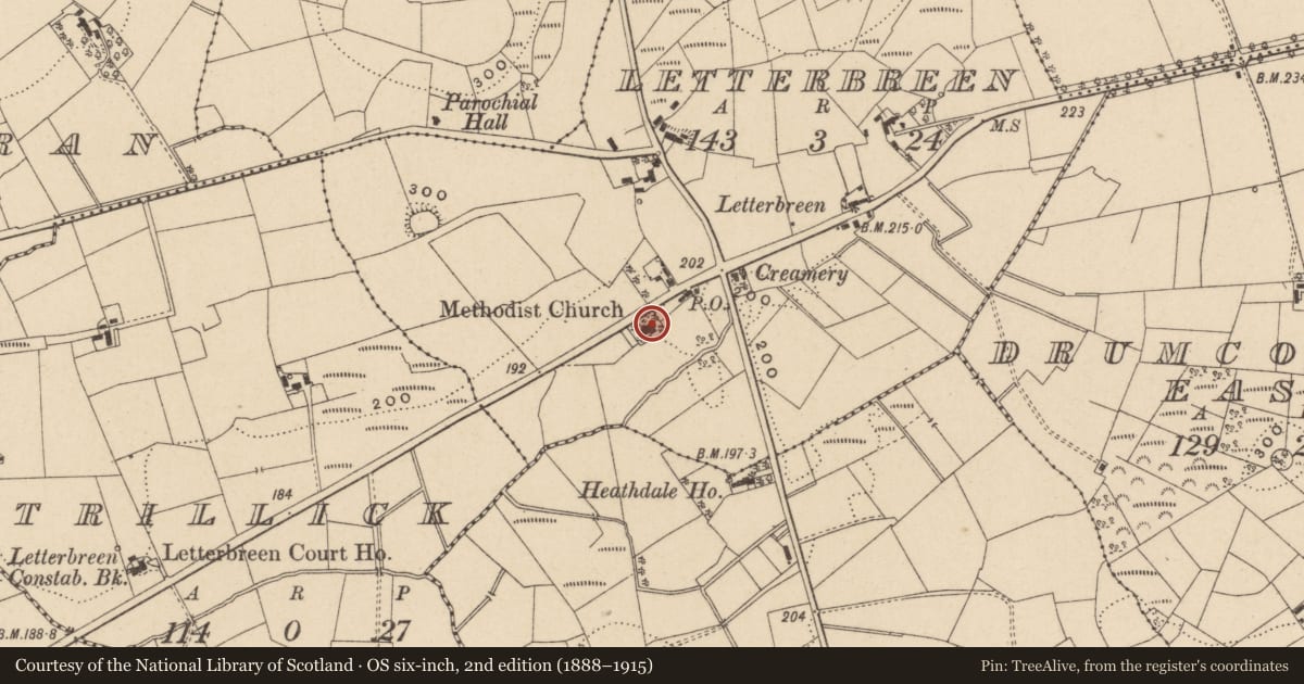 Ordnance Survey six-inch map, 2nd edition (1888–1915) covering the location of Letterbreen Methodist Church, Fermanagh and Omagh, with a pin at the register's coordinates