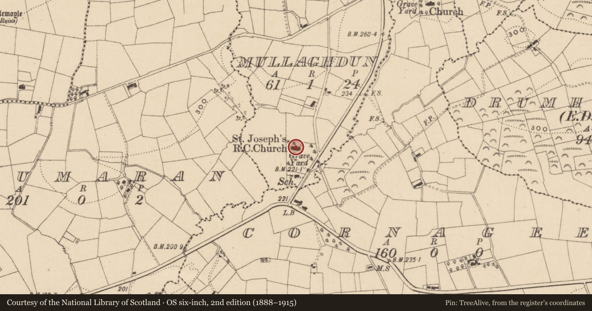 Ordnance Survey six-inch map, 2nd edition (1888–1915) covering the location of Mullaghdun Rc Church, Fermanagh and Omagh, with a pin at the register's coordinates