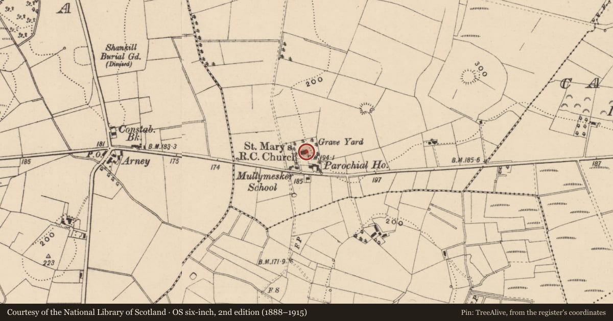 Ordnance Survey six-inch map, 2nd edition (1888–1915) covering the location of St. Mary'S Rc Church, Fermanagh and Omagh, with a pin at the register's coordinates