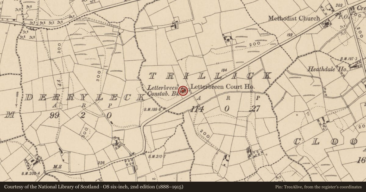 Ordnance Survey six-inch map, 2nd edition (1888–1915) covering the location of Sunnybank, Trillick, Fermanagh and Omagh, with a pin at the register's coordinates