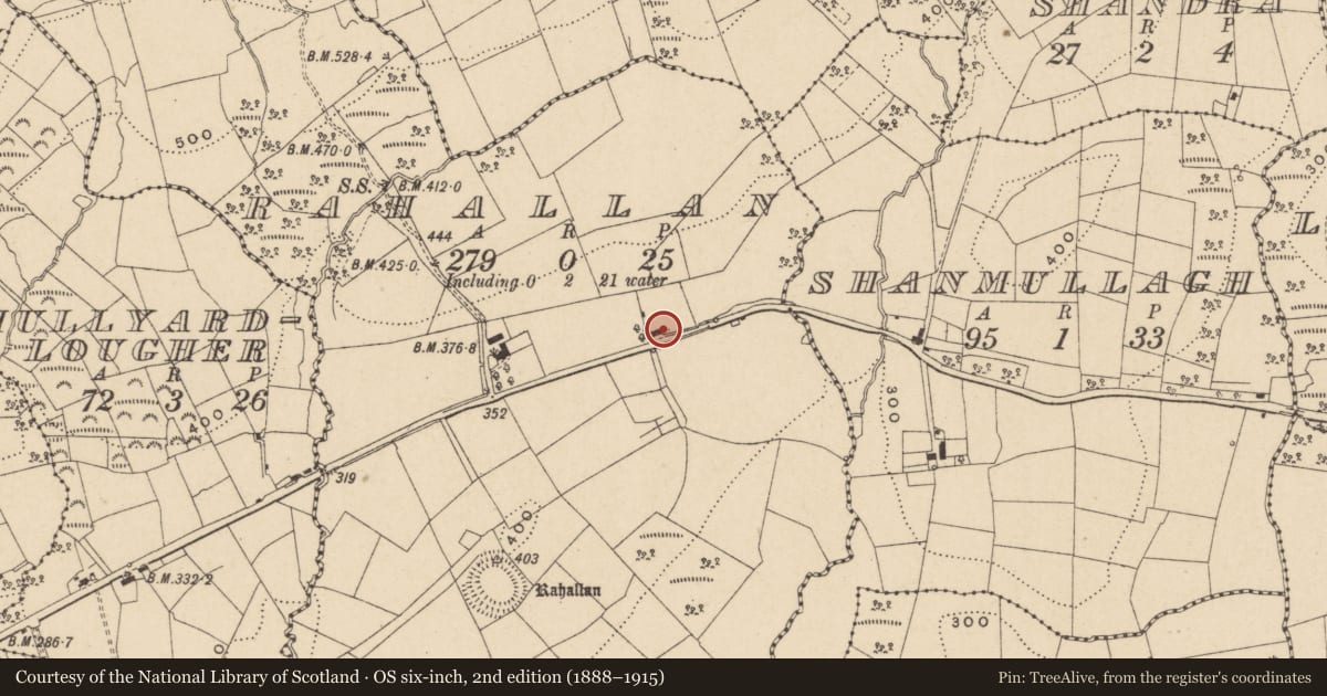 Ordnance Survey six-inch map, 2nd edition (1888–1915) covering the location of 45 Gardrum Road, Rahallan, Fermanagh, with a pin at the register's coordinates