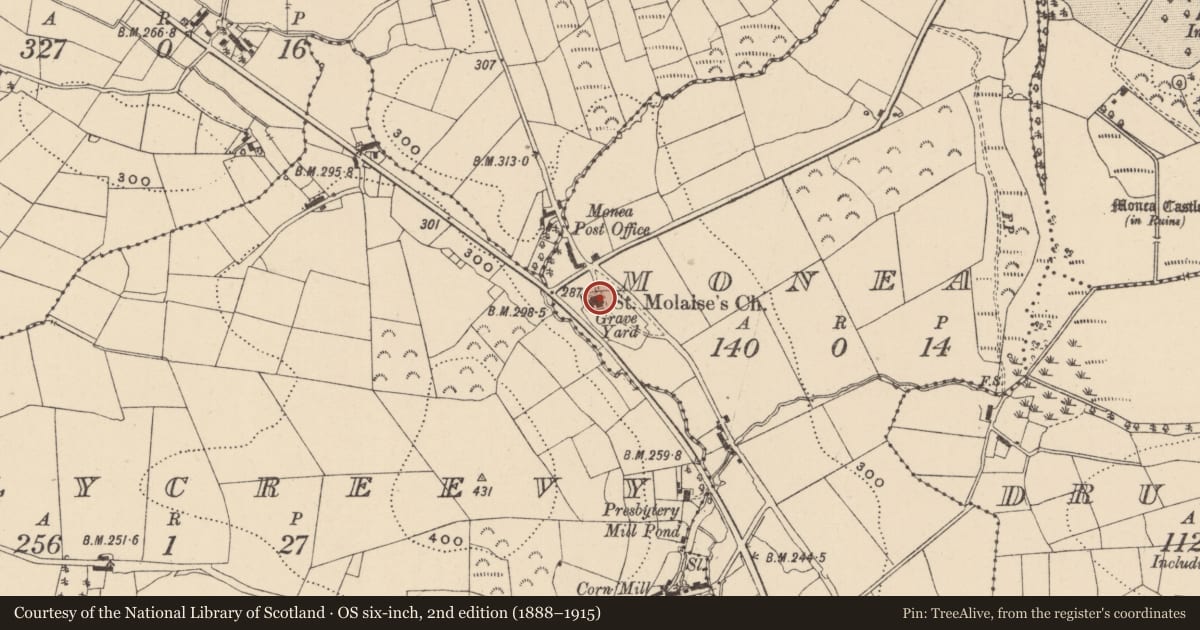 Ordnance Survey six-inch map, 2nd edition (1888–1915) covering the location of St. Molaise'S C OF I CHURCH, Fermanagh and Omagh, with a pin at the register's coordinates