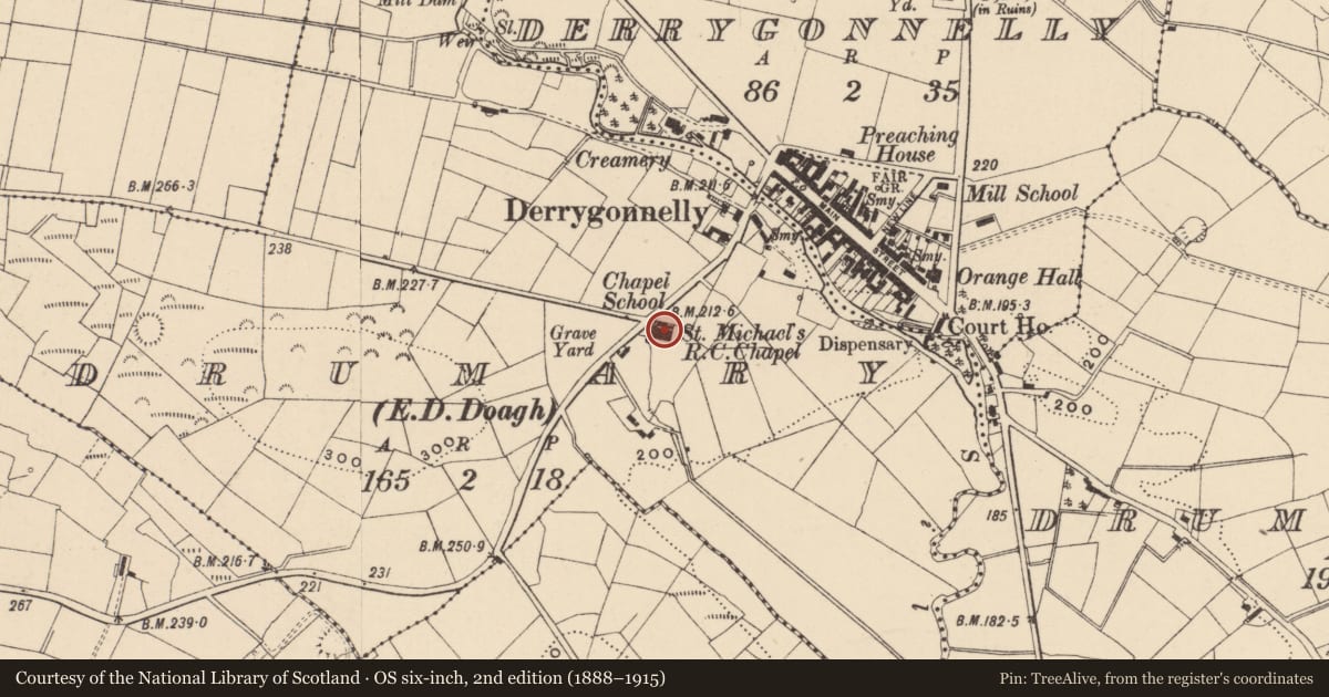 Ordnance Survey six-inch map, 2nd edition (1888–1915) covering the location of St. Patrick'S Rc Church, Fermanagh and Omagh, with a pin at the register's coordinates