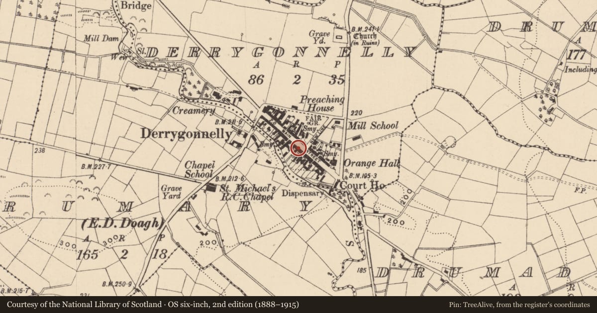 Ordnance Survey six-inch map, 2nd edition (1888–1915) covering the location of 38 & 40 Main St., Fermanagh and Omagh, with a pin at the register's coordinates