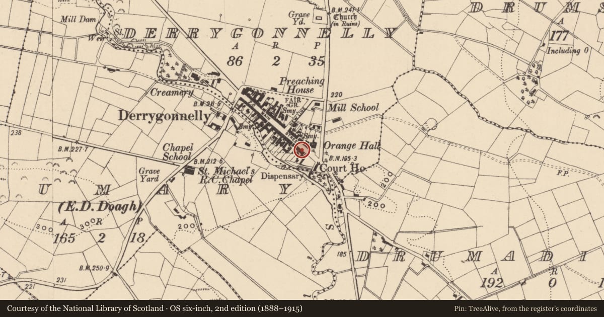 Ordnance Survey six-inch map, 2nd edition (1888–1915) covering the location of 14 Main St., Fermanagh and Omagh, with a pin at the register's coordinates