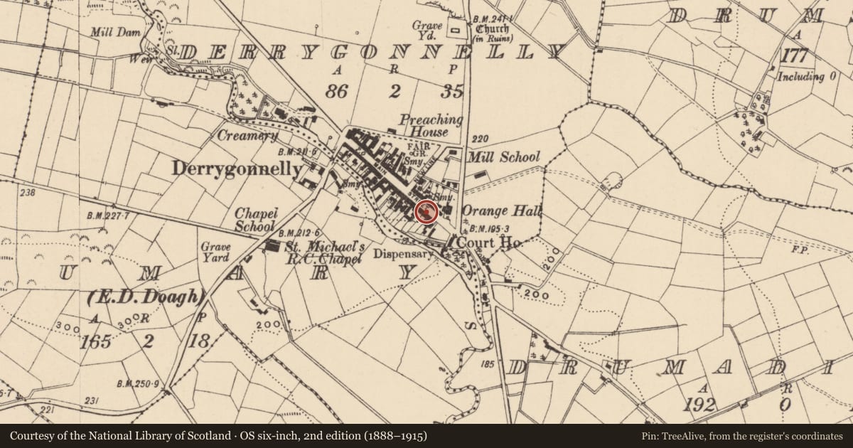 Ordnance Survey six-inch map, 2nd edition (1888–1915) covering the location of Bank House, Fermanagh and Omagh, with a pin at the register's coordinates