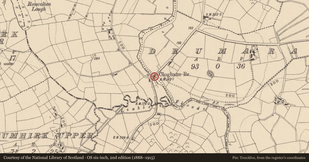Ordnance Survey six-inch map, 2nd edition (1888–1915) covering the location of Cloghane Bridge, Fermanagh and Omagh, with a pin at the register's coordinates