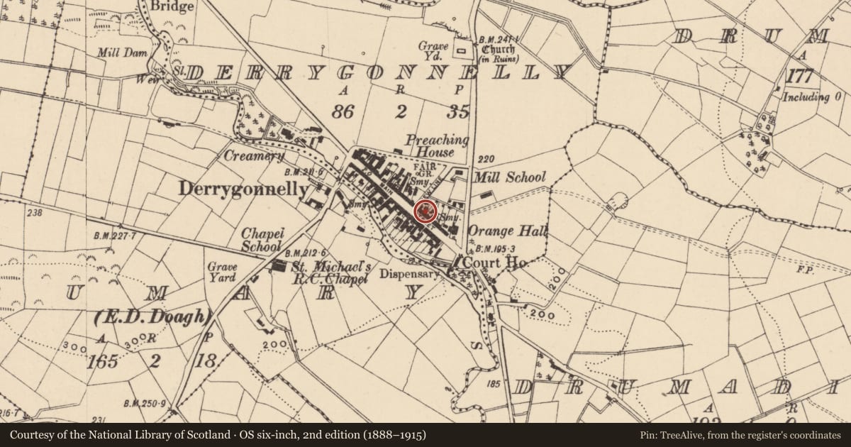 Ordnance Survey six-inch map, 2nd edition (1888–1915) covering the location of 37 Main St., Fermanagh and Omagh, with a pin at the register's coordinates
