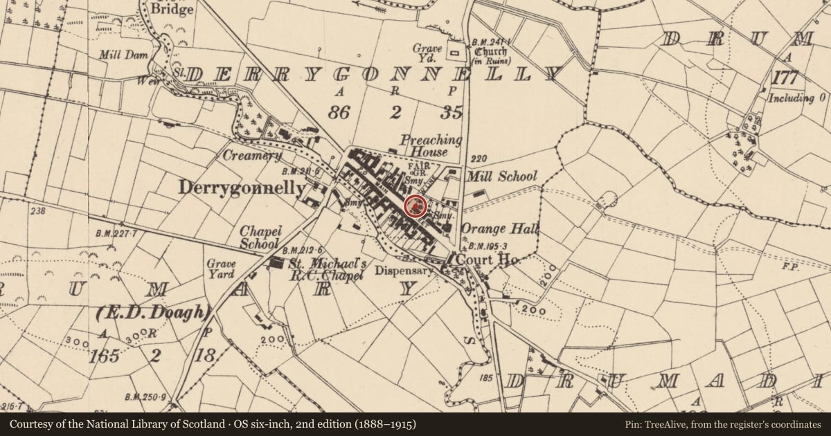 Ordnance Survey six-inch map, 2nd edition (1888–1915) covering the location of 39 Main St., Fermanagh and Omagh, with a pin at the register's coordinates