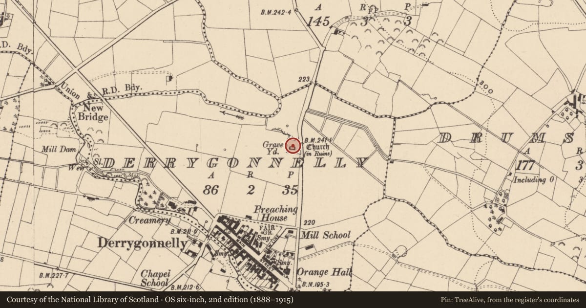 Ordnance Survey six-inch map, 2nd edition (1888–1915) covering the location of Ruins Of Derrygonnelly Old Parish Church, Fermanagh and Omagh, with a pin at the register's coordinates