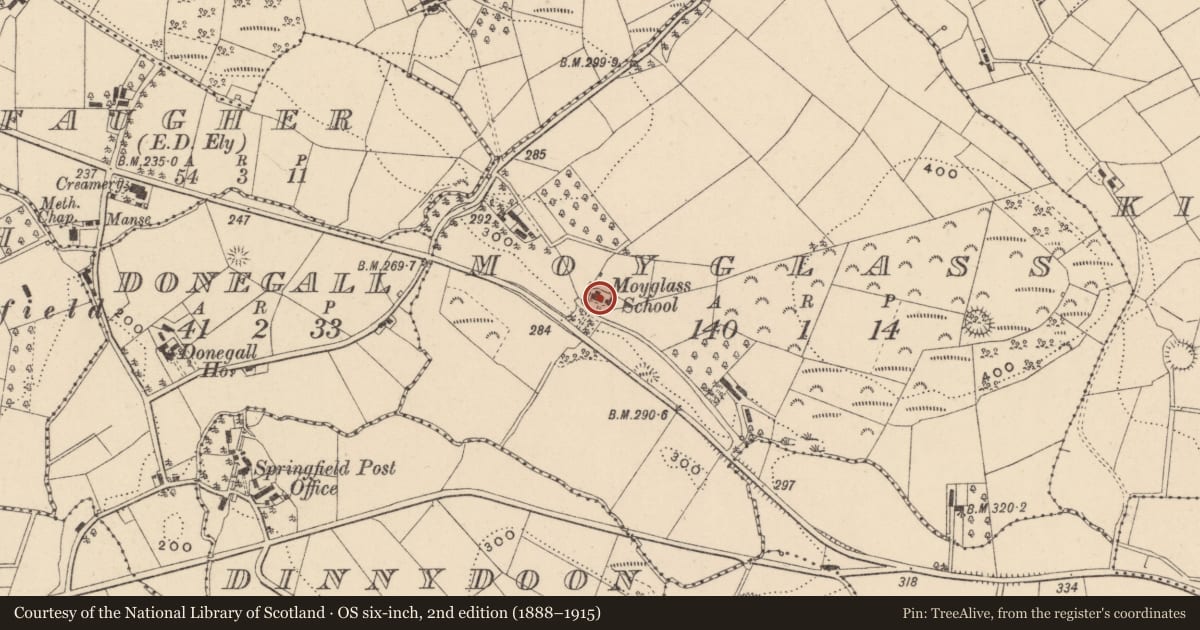 Ordnance Survey six-inch map, 2nd edition (1888–1915) covering the location of Old Moyglass County Primary School, Fermanagh and Omagh, with a pin at the register's coordinates