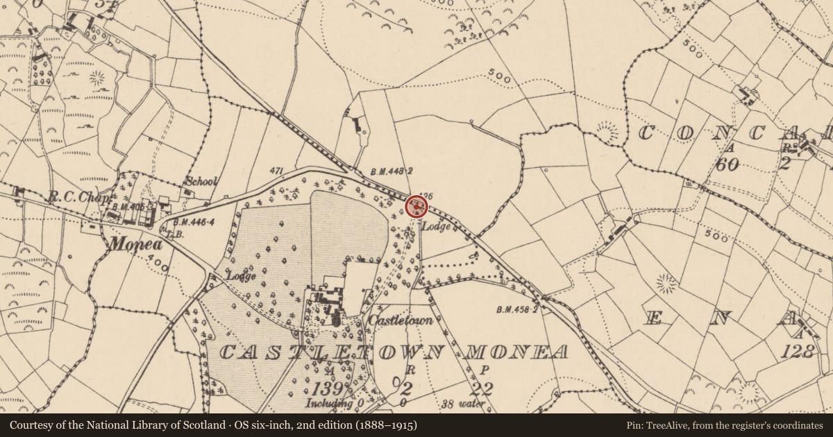 Ordnance Survey six-inch map, 2nd edition (1888–1915) covering the location of Gates/Screens/Lodges, Castletown Monea, Fermanagh and Omagh, with a pin at the register's coordinates