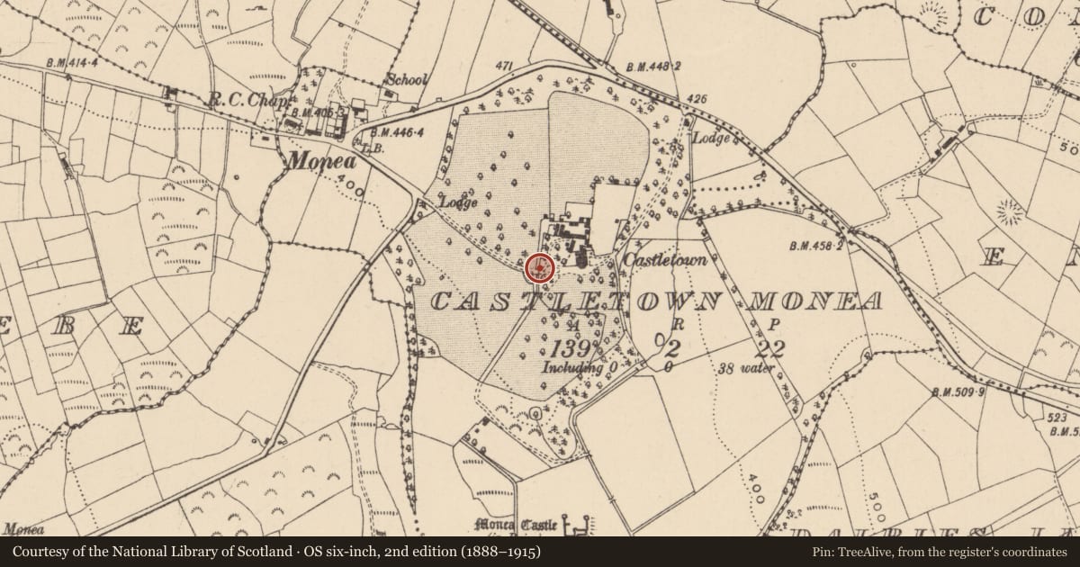Ordnance Survey six-inch map, 2nd edition (1888–1915) covering the location of West Gate to Castletown Demesne, Castletown Monea, Fermanagh and Omagh, with a pin at the register's coordinates