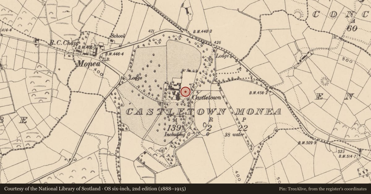 Ordnance Survey six-inch map, 2nd edition (1888–1915) covering the location of Walled Gardens, Castletown Monea, Fermanagh and Omagh, with a pin at the register's coordinates