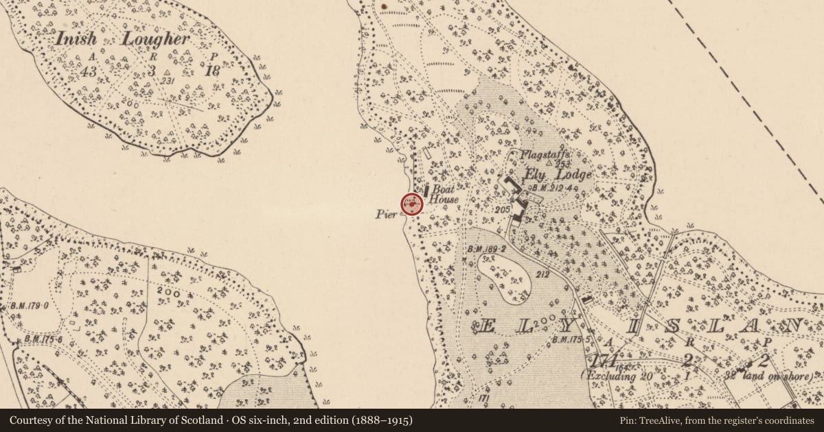 Ordnance Survey six-inch map, 2nd edition (1888–1915) covering the location of The Landing Pier, Fermanagh and Omagh, with a pin at the register's coordinates
