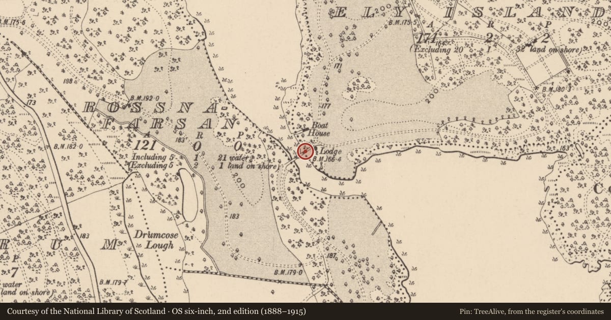 Ordnance Survey six-inch map, 2nd edition (1888–1915) covering the location of The Bridge Lodge, Fermanagh and Omagh, with a pin at the register's coordinates