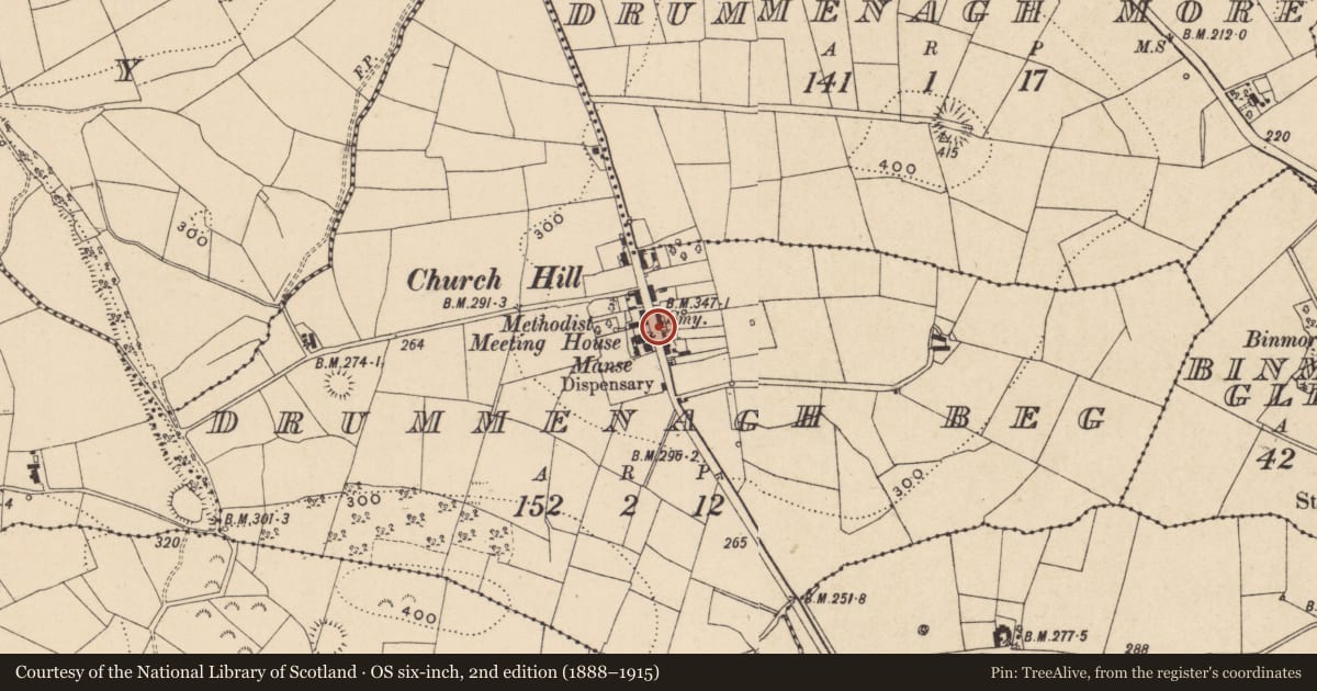 Ordnance Survey six-inch map, 2nd edition (1888–1915) covering the location of Telephone Kiosk, Derrygonnelly, with a pin at the register's coordinates