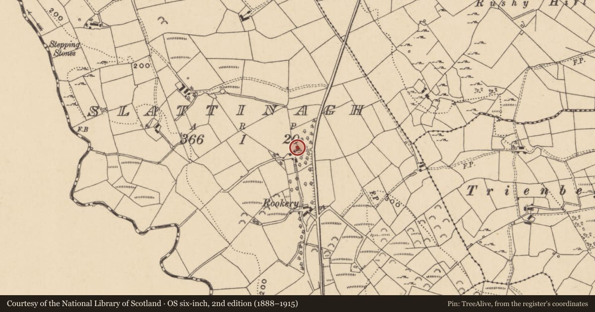 Ordnance Survey six-inch map, 2nd edition (1888–1915) covering the location of 29 Kilcoo Road, Fermanagh and Omagh, with a pin at the register's coordinates