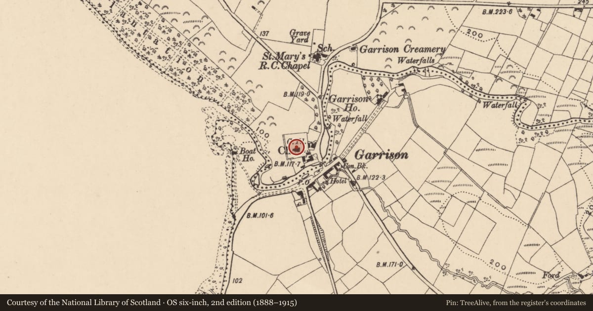 Ordnance Survey six-inch map, 2nd edition (1888–1915) covering the location of Chapel Of Ease, Fermanagh and Omagh, with a pin at the register's coordinates