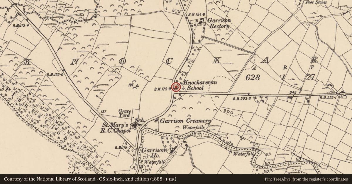 Ordnance Survey six-inch map, 2nd edition (1888–1915) covering the location of Knockarevan School (Disused), Fermanagh and Omagh, with a pin at the register's coordinates