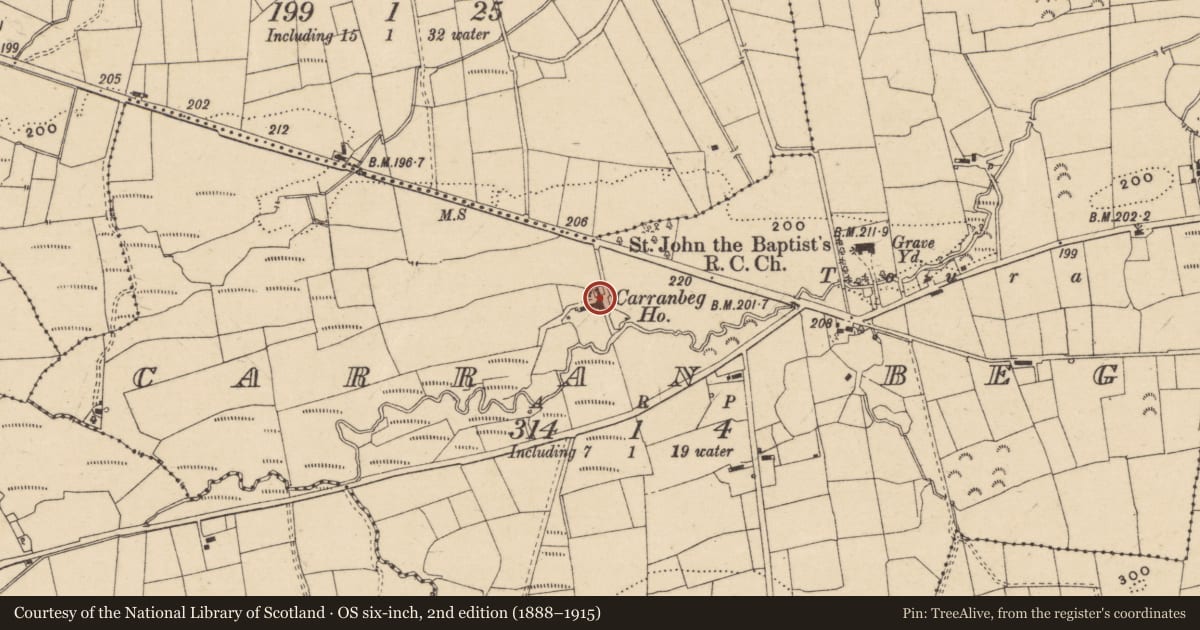 Ordnance Survey six-inch map, 2nd edition (1888–1915) covering the location of Carranbeg House, Fermanagh and Omagh, with a pin at the register's coordinates
